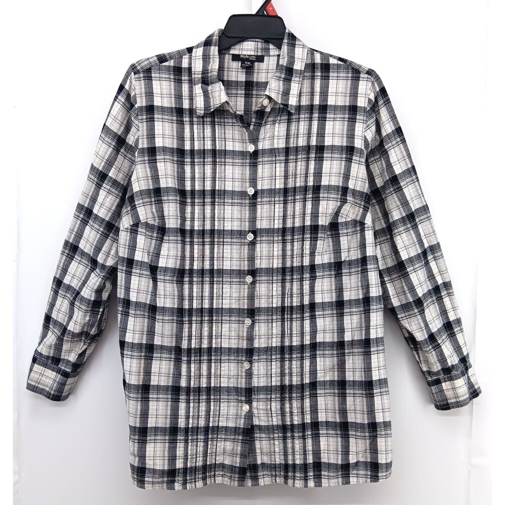 Style & Co Shirt Women Size 16W Black White Plaid Roll Tab Sleeve Button Up Top